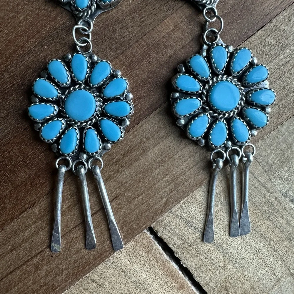 Vintage Zuni Hook Dangle Earrings 3.4 Inch Blue Turquoise 925 Sterling 12.5g